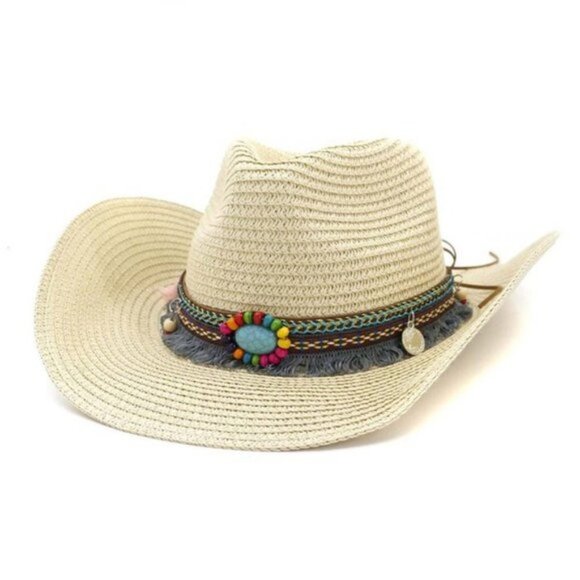 Turquoise Beaded Fringe Straw Sun Hat - Picture 2 of 16